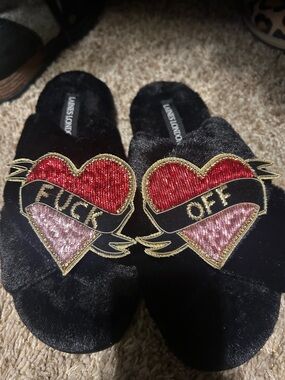 Laines London Velvet Heart Slide Slippers with Red & Pink Embroidery